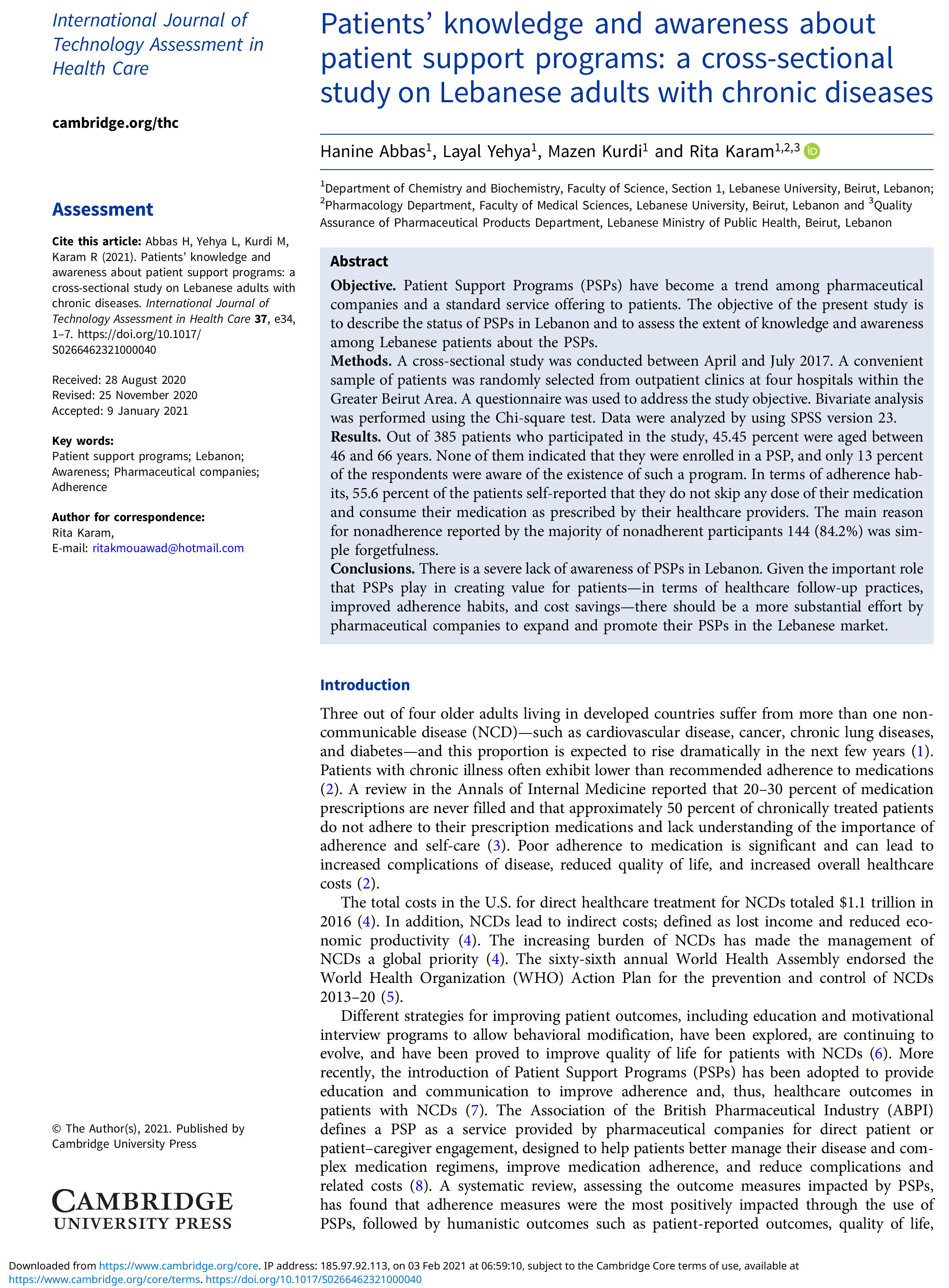 Patients’ knowledge and awareness about
																patient support programs: a cross-sectional
																study on Lebanese adults with chronic diseases